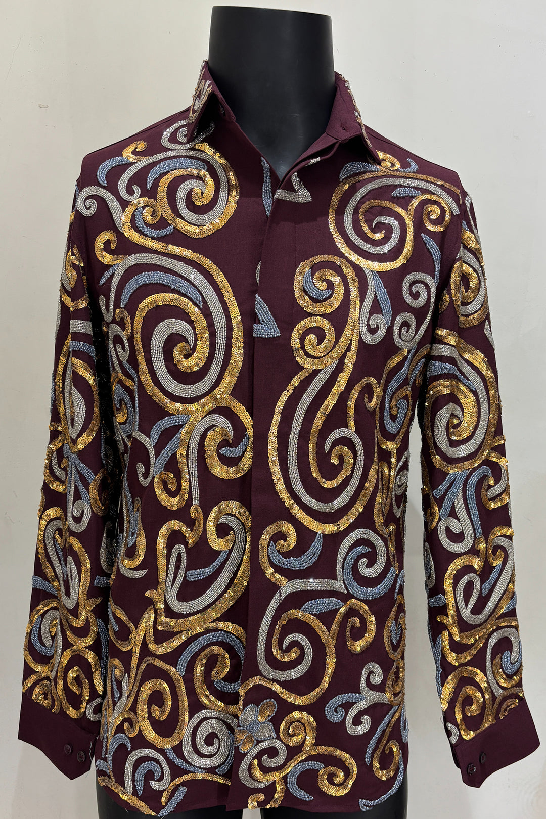 Vortex — Burgundy Swirl Embroidered 4-Way Stretch Shirt