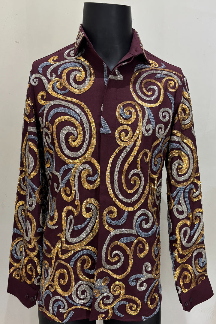 Vortex — Burgundy Swirl Embroidered 4-Way Stretch Shirt