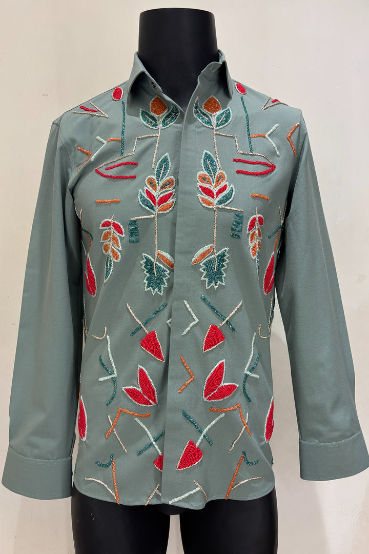 Eden — Olive Hand Embroidered 4-Way Stretch Shirt