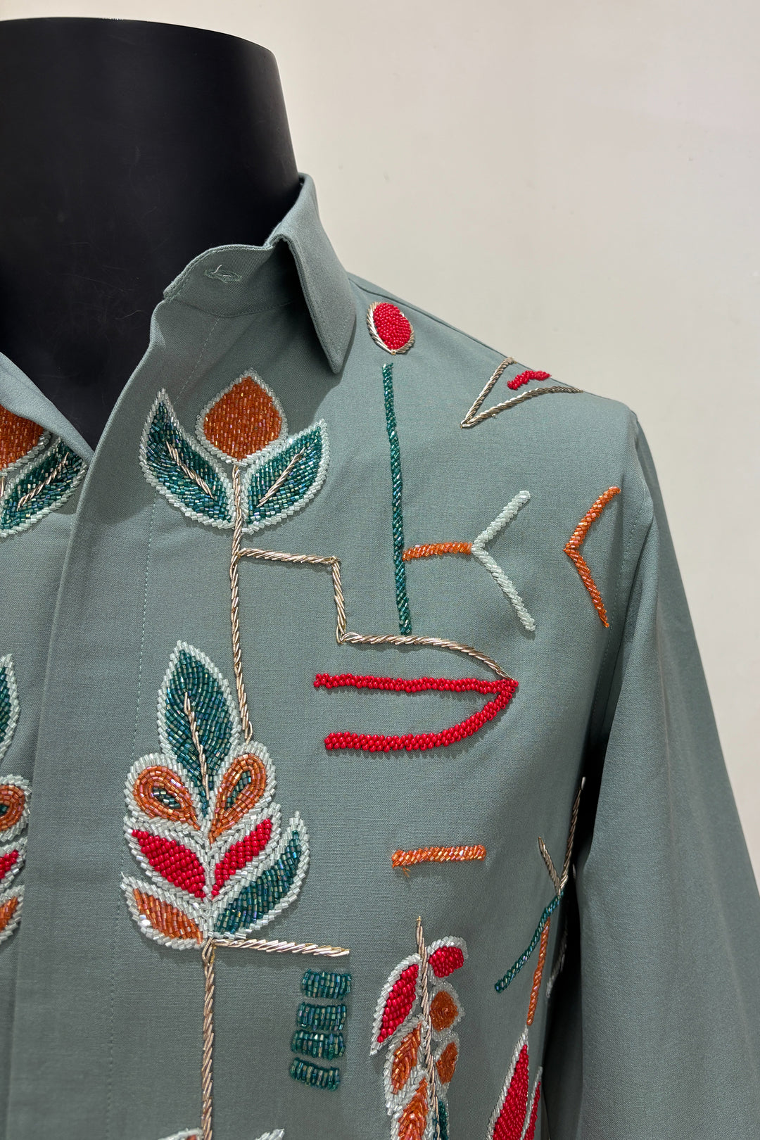 Eden — Olive Hand Embroidered 4-Way Stretch Shirt
