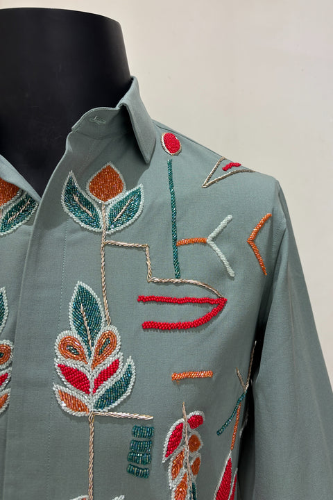 Eden — Olive Hand Embroidered 4-Way Stretch Shirt
