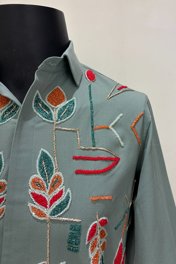 Eden — Olive Hand Embroidered 4-Way Stretch Shirt