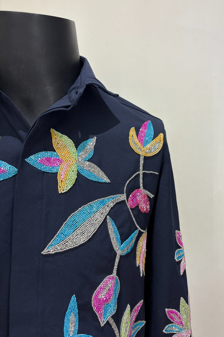 Fiesta — Midnight Blue Thread Embroidered 4-Way Stretch Shirt