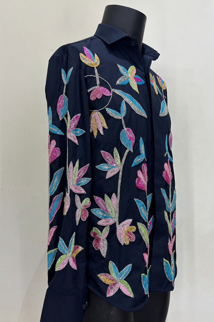 Fiesta — Midnight Blue Thread Embroidered 4-Way Stretch Shirt