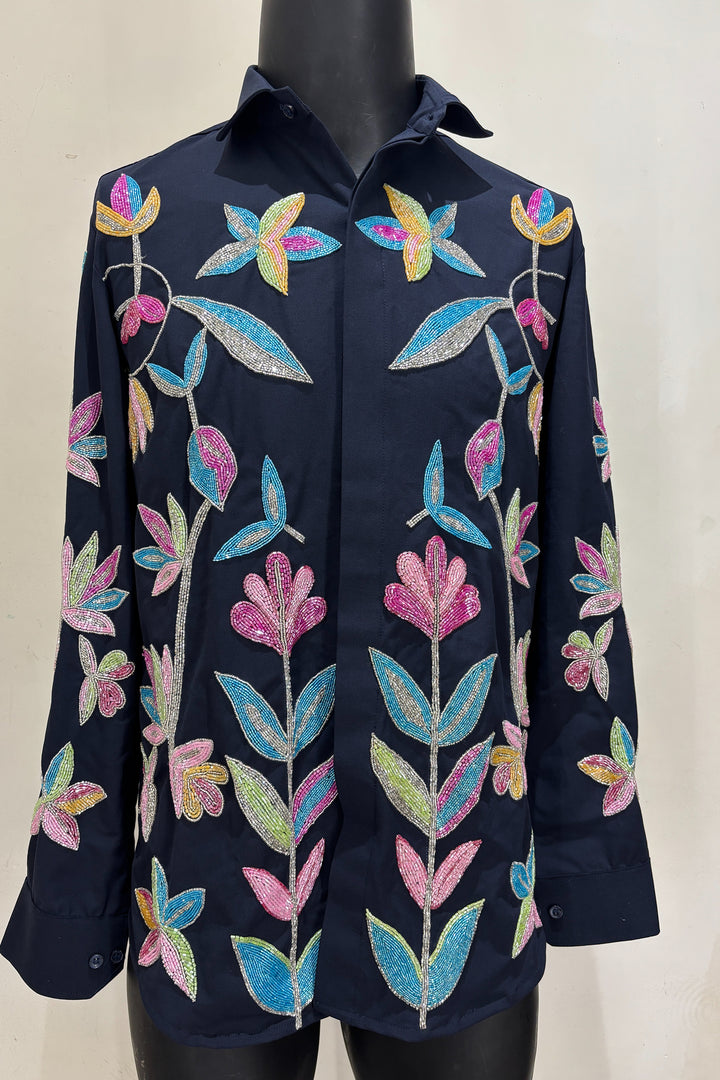 Fiesta — Midnight Blue Thread Embroidered 4-Way Stretch Shirt