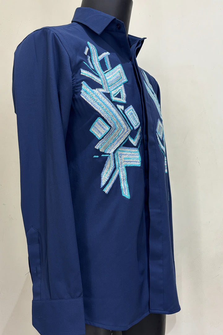 Azrak — Blue Thread Embroidered 4-Way Stretch Shirt