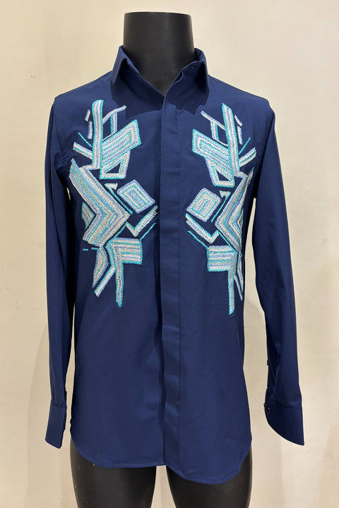 Azrak — Blue Thread Embroidered 4-Way Stretch Shirt