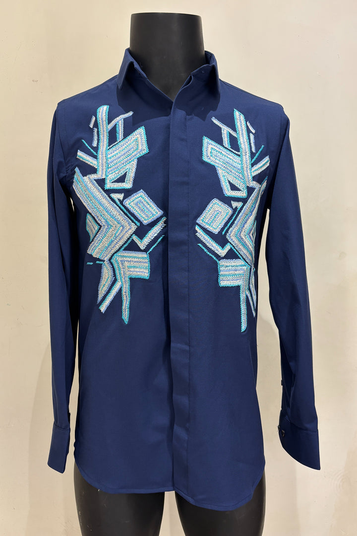 Azrak — Blue Thread Embroidered 4-Way Stretch Shirt