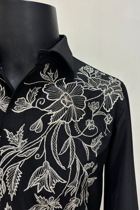Vine — Black Thread Embroidered 4-Way Stretch Shirt