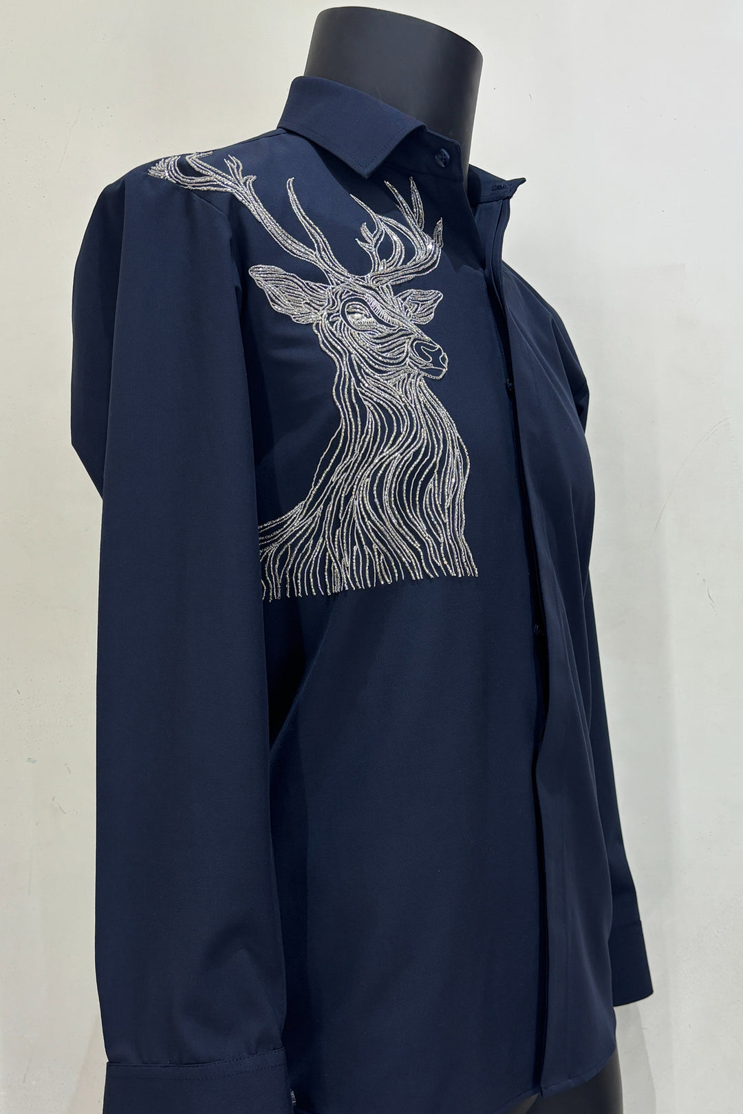 Stag — Midnight Blue Hand Embroidered 4-Way Stretch Shirt