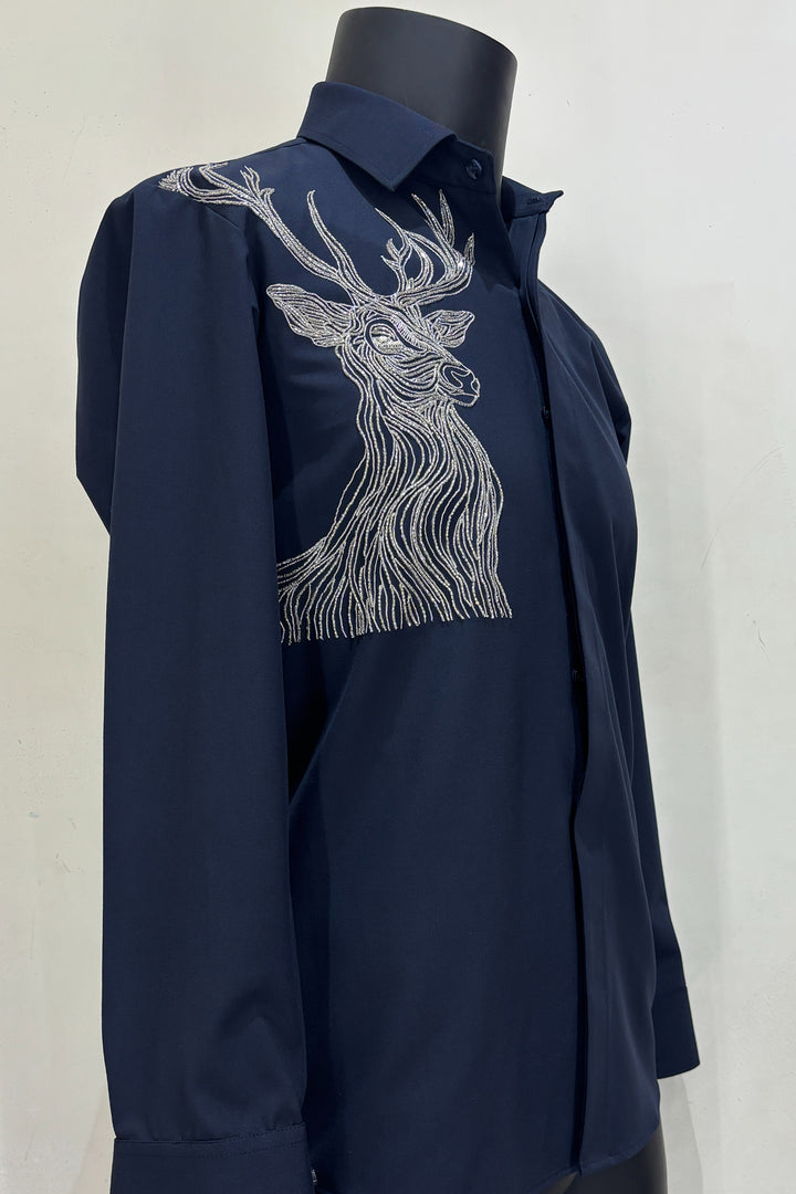 Stag — Midnight Blue Hand Embroidered 4-Way Stretch Shirt