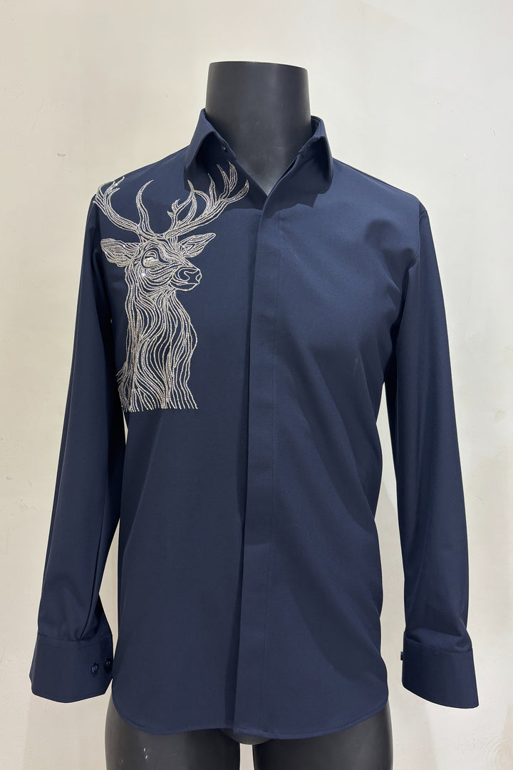 Stag — Midnight Blue Hand Embroidered 4-Way Stretch Shirt