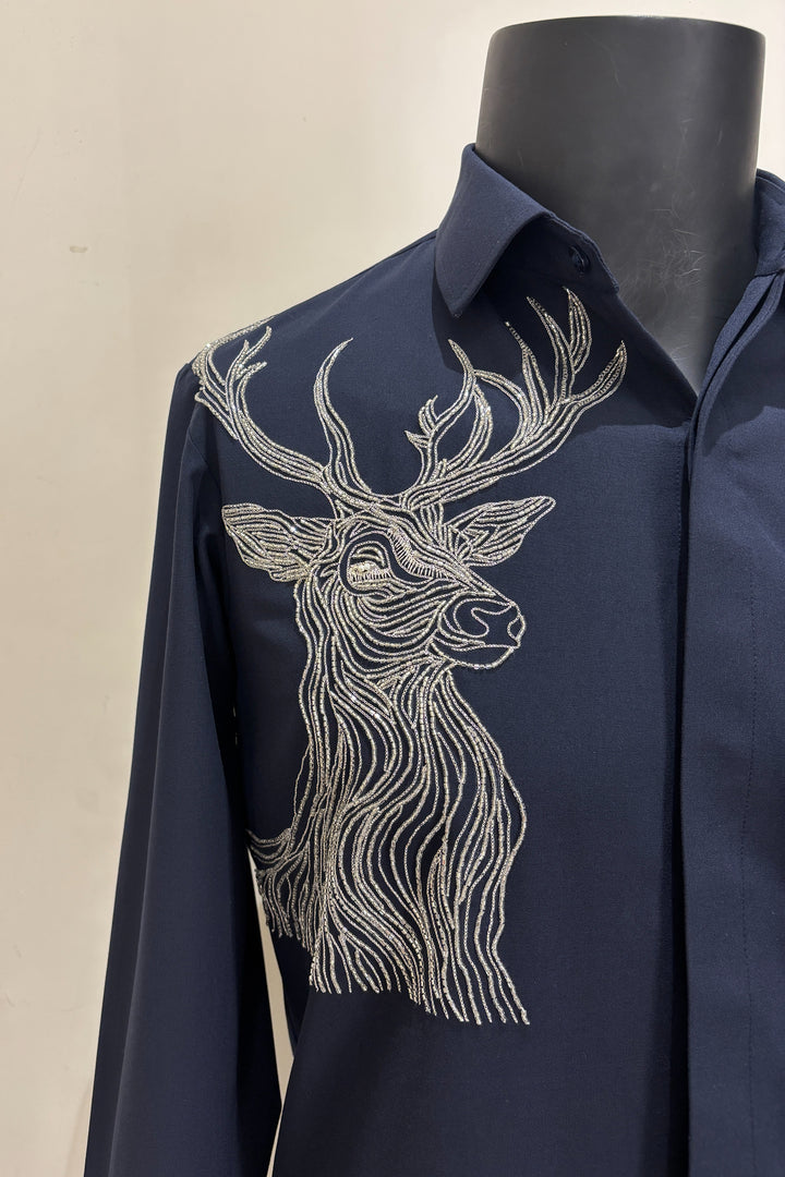 Stag — Midnight Blue Hand Embroidered 4-Way Stretch Shirt