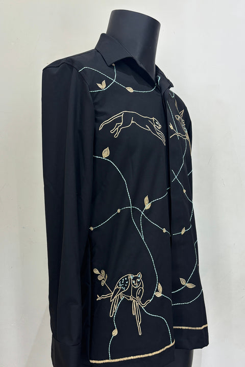 Serein — Black Thread Embroidered 4-Way Stretch Shirt