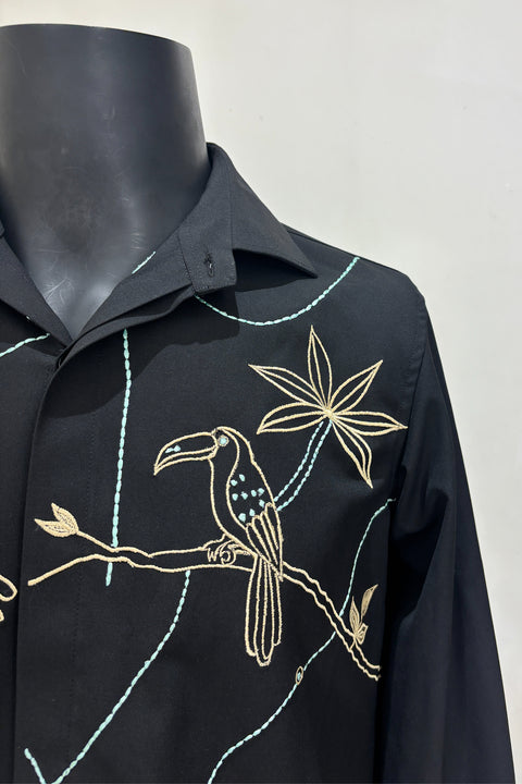 Serein — Black Thread Embroidered 4-Way Stretch Shirt