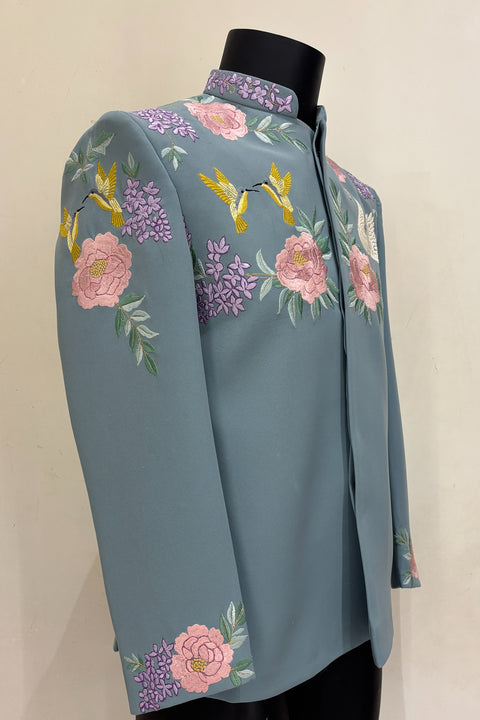 Swan Royale — Sea Blue Thread Embroidered Premium Indo-Western