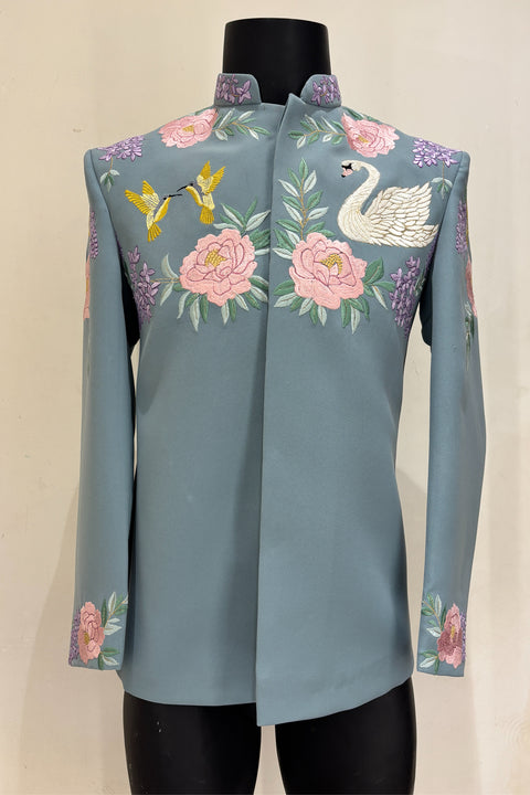 Swan Royale — Sea Blue Thread Embroidered Premium Indo-Western
