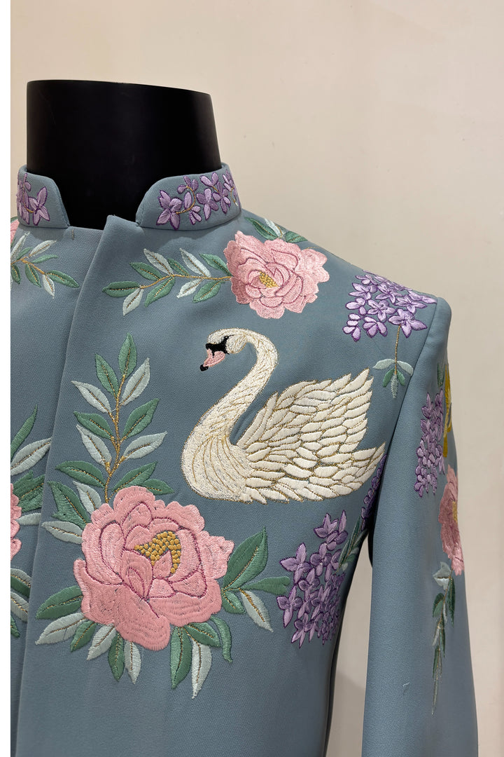 Swan Royale — Sea Blue Thread Embroidered Premium Indo-Western