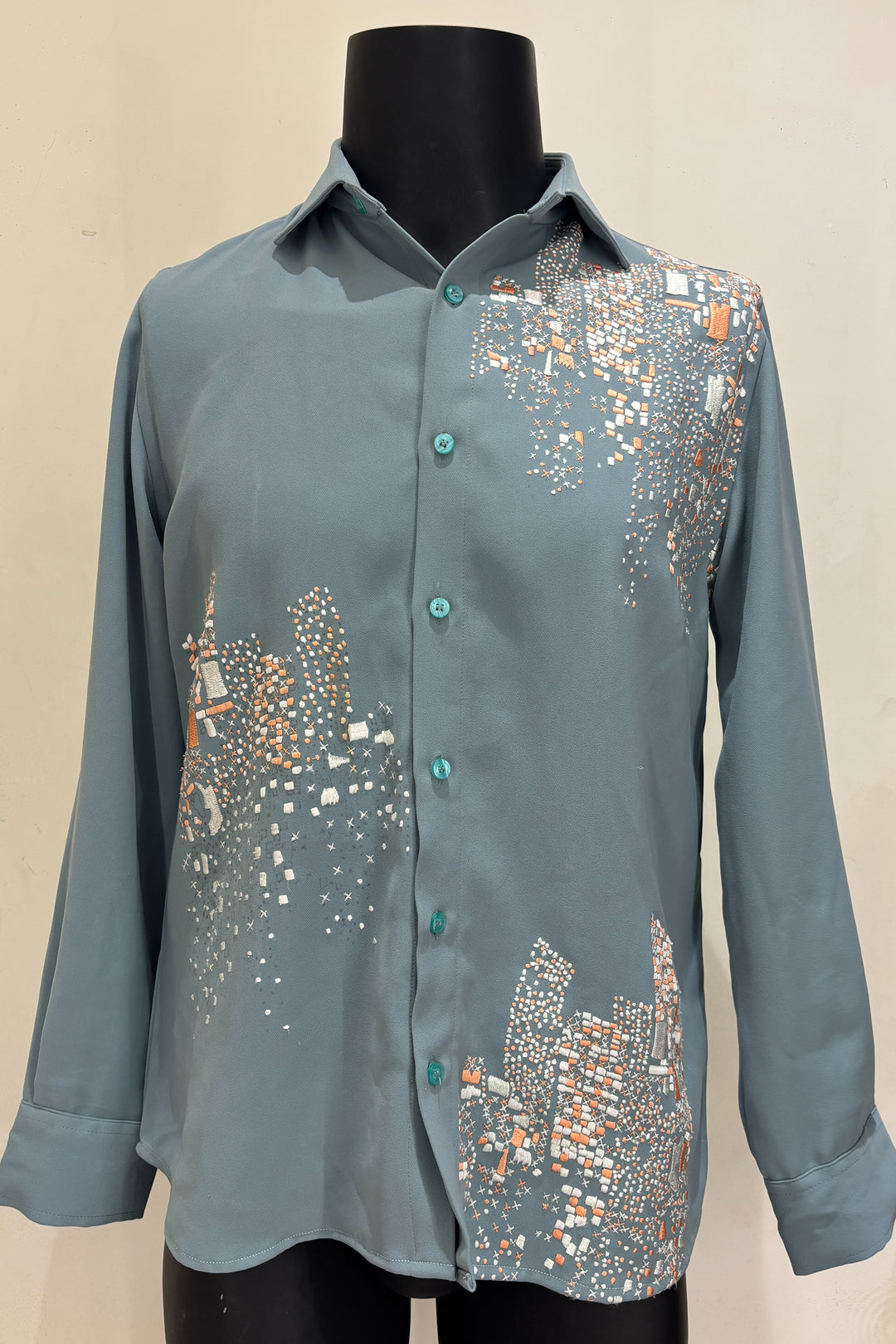 Celio — Sea Green Thread Embroidered British Fabric Shirt