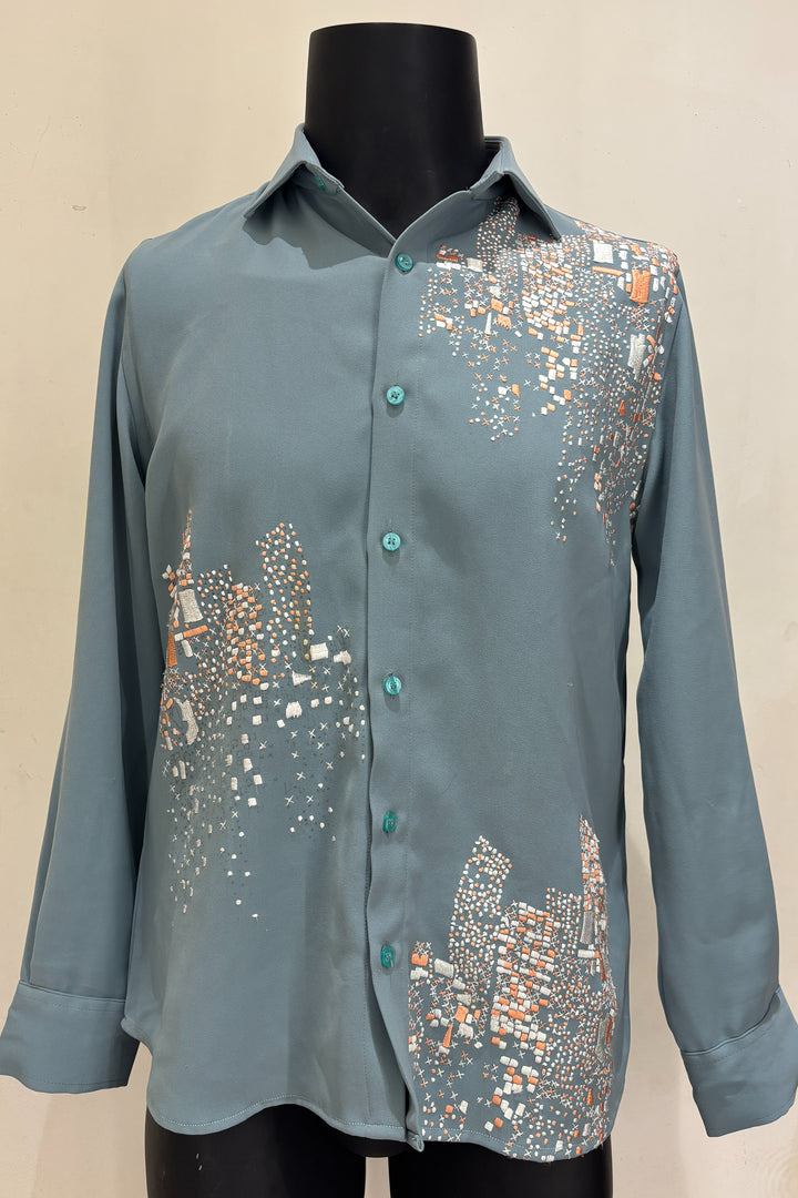 Celio — Sea Green Thread Embroidered British Fabric Shirt