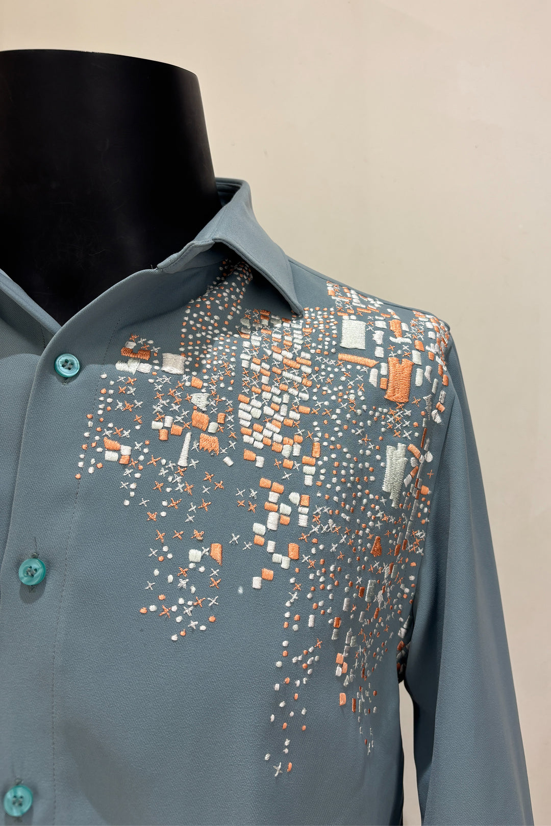 Celio — Sea Green Thread Embroidered British Fabric Shirt