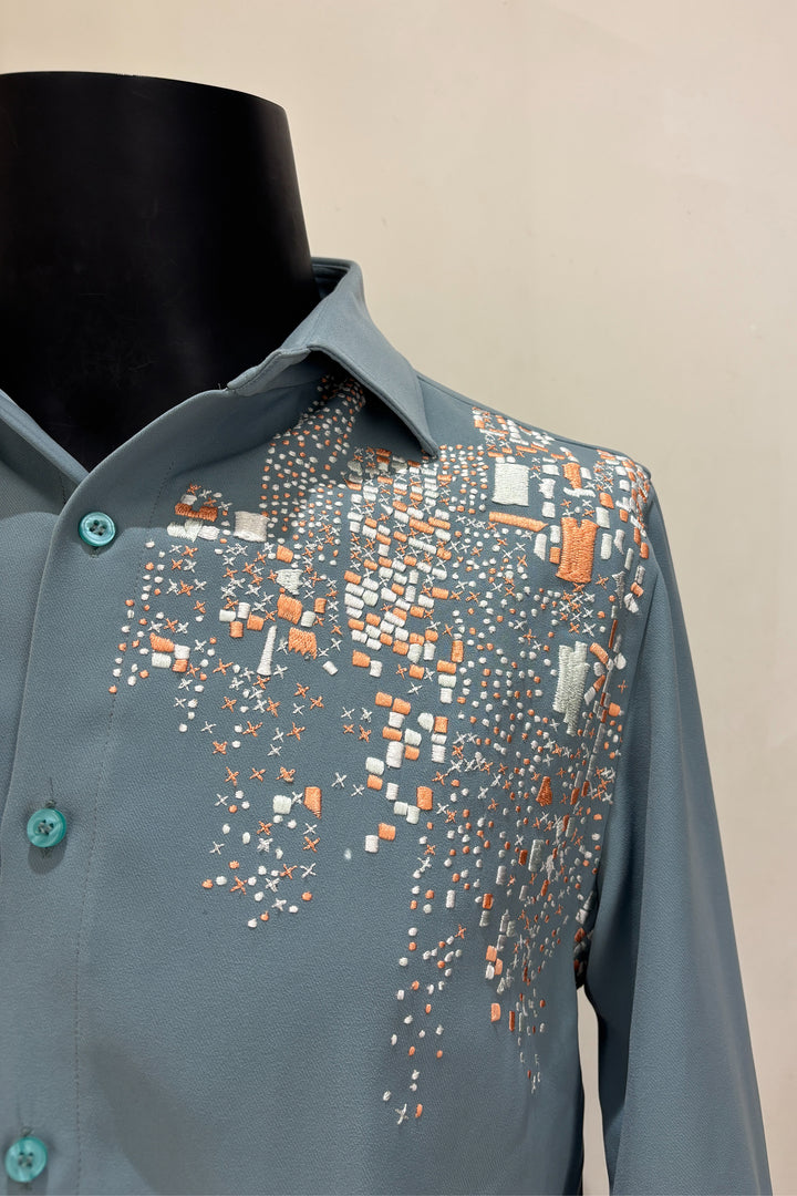 Celio — Sea Green Thread Embroidered British Fabric Shirt