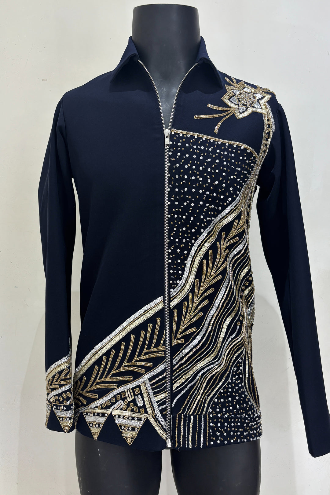 Midnight Crest — Black Hand Embroidered Armani Fabric Shacket