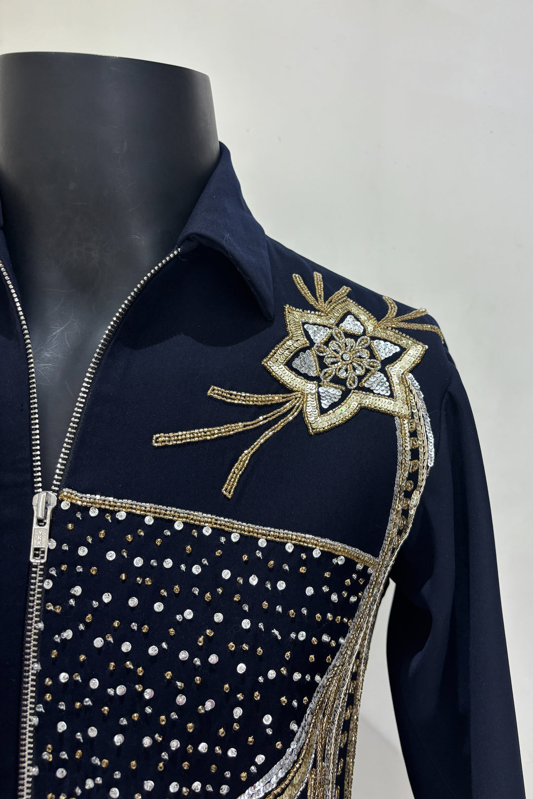 Midnight Crest — Black Hand Embroidered Armani Fabric Shacket