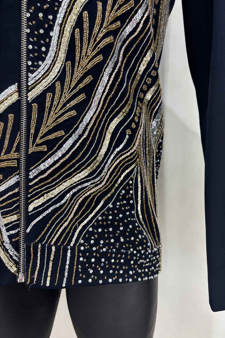 Midnight Crest — Black Hand Embroidered Armani Fabric Shacket