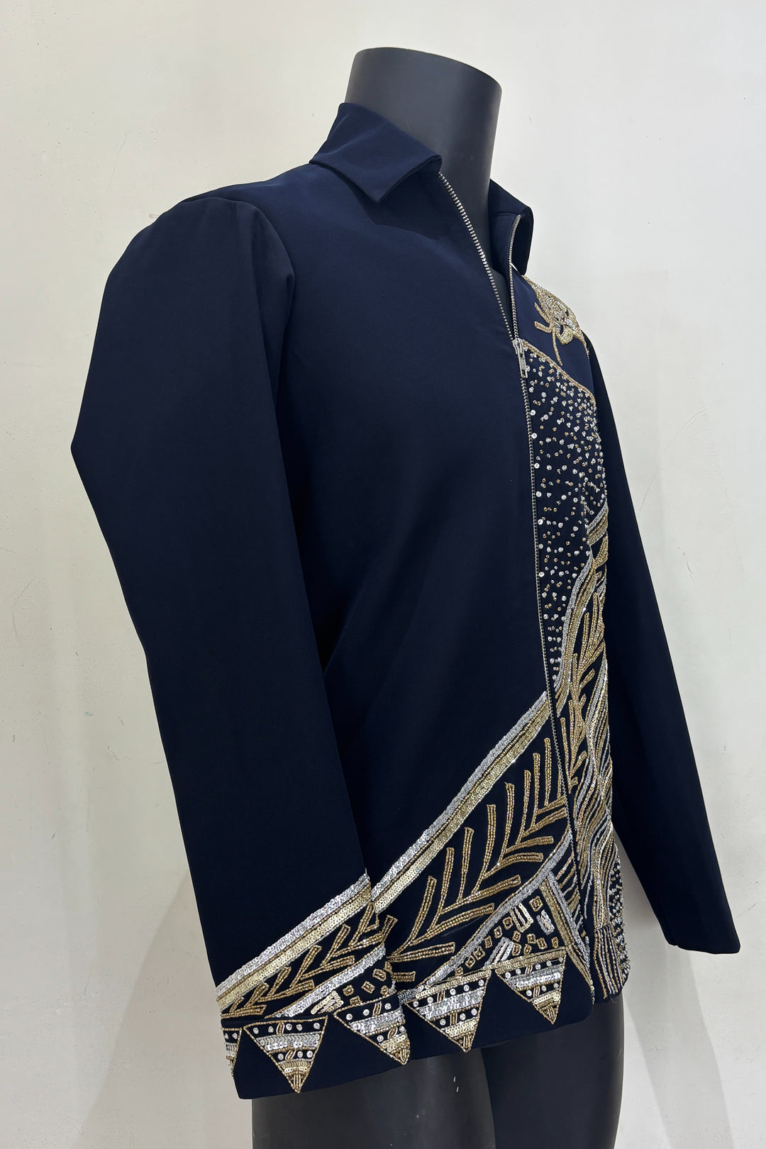 Midnight Crest — Black Hand Embroidered Armani Fabric Shacket