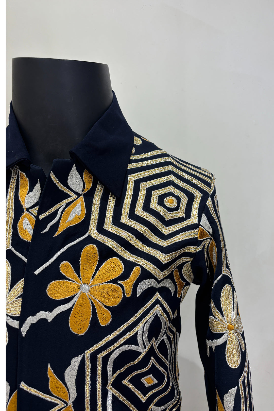 Nyro — Midnight Blue Thread Embroidered British Fabric Shacket