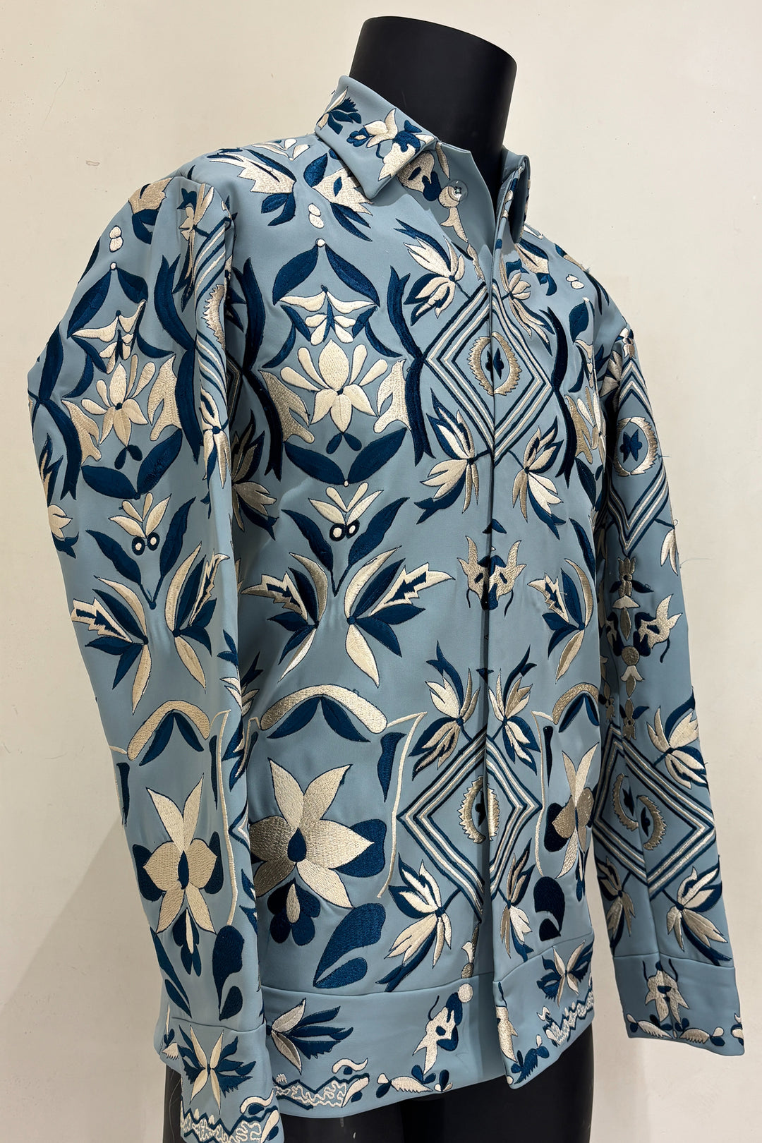 Fresco — Sea Blue Thread Embroidered 4-Way Stretch Shacket