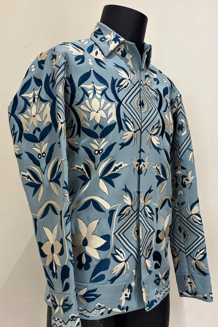 Fresco — Sea Blue Thread Embroidered 4-Way Stretch Shacket