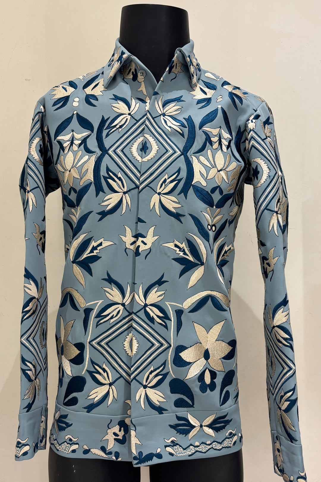 Fresco — Sea Blue Thread Embroidered 4-Way Stretch Shacket