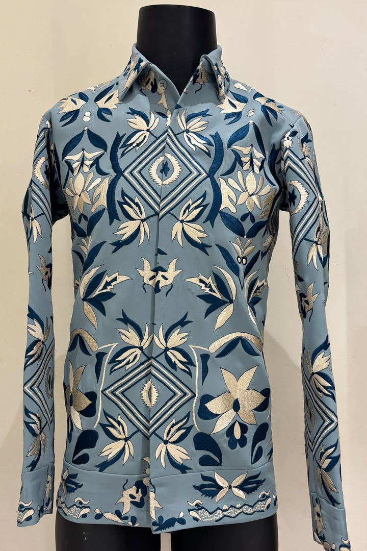Fresco — Sea Blue Thread Embroidered 4-Way Stretch Shacket