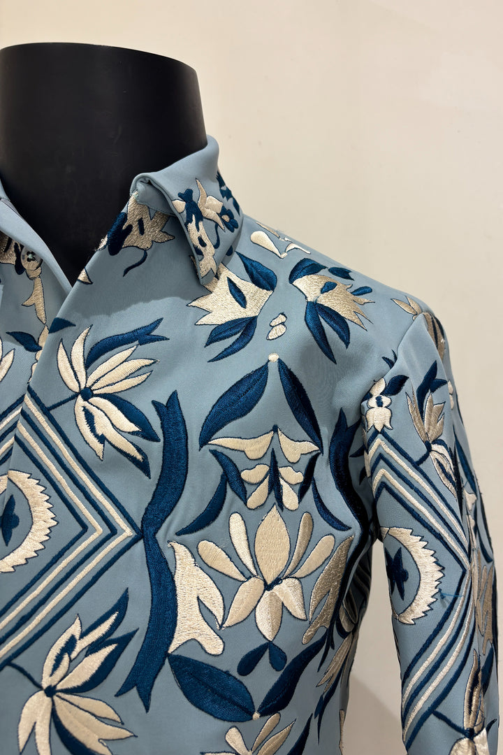 Fresco — Sea Blue Thread Embroidered 4-Way Stretch Shacket