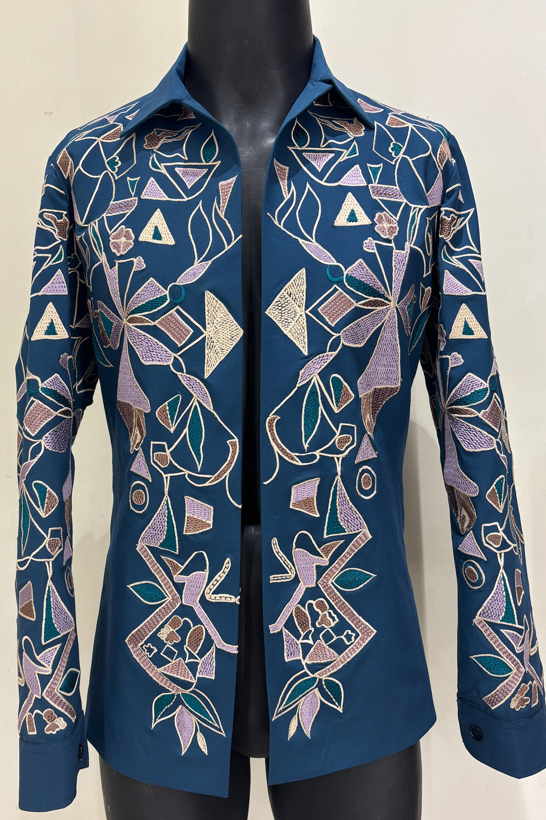 Savio — Sea Blue Thread Embroidered 4-Way Stretch Shacket
