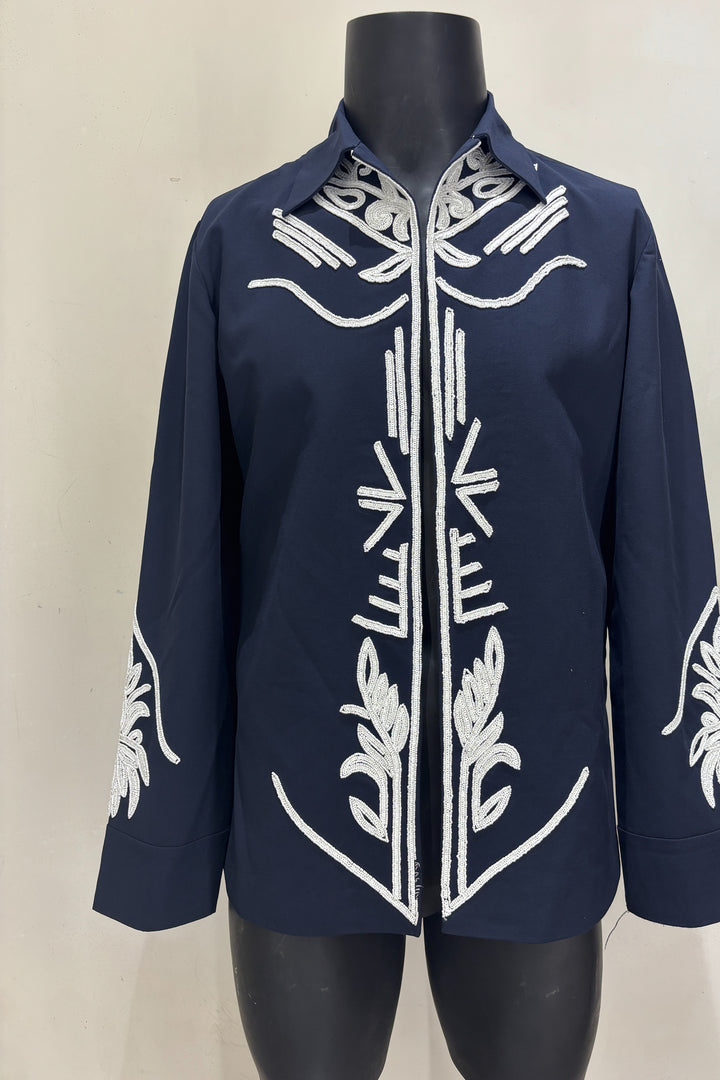 Botan — Midnight Blue Hand Embroidered 4-Way Stretch Shirt