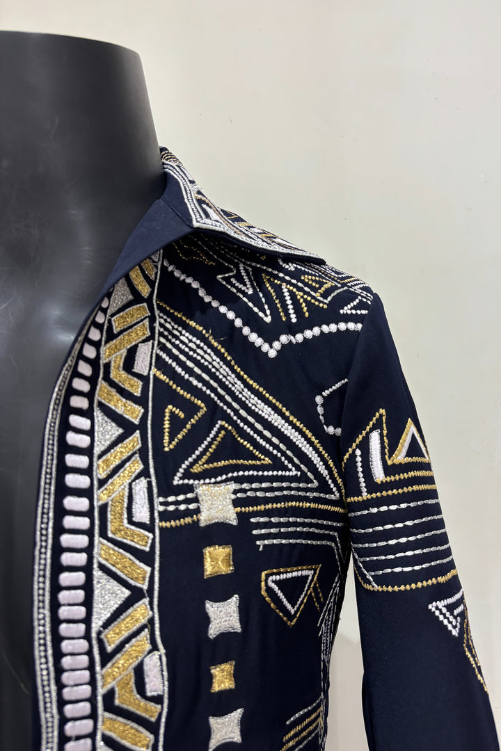 Alaric — Midnight Blue Thread Embroidered 4-Way Stretch Shacket