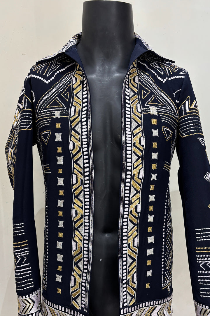 Alaric — Midnight Blue Thread Embroidered 4-Way Stretch Shacket