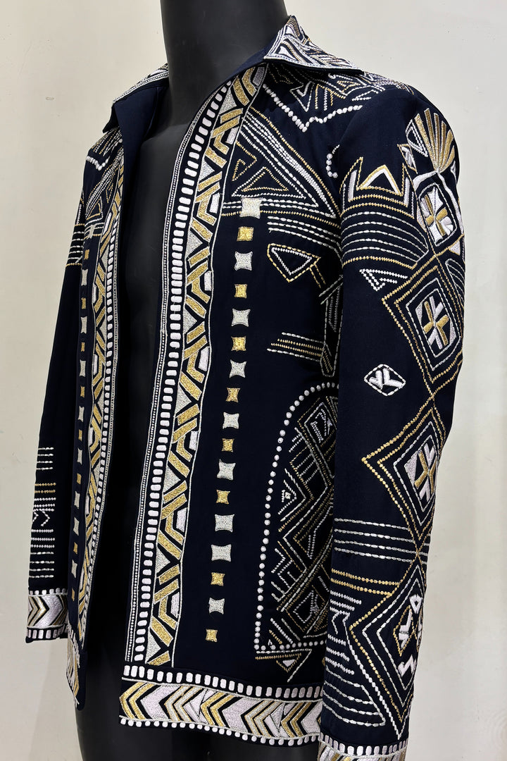 Alaric — Midnight Blue Thread Embroidered 4-Way Stretch Shacket
