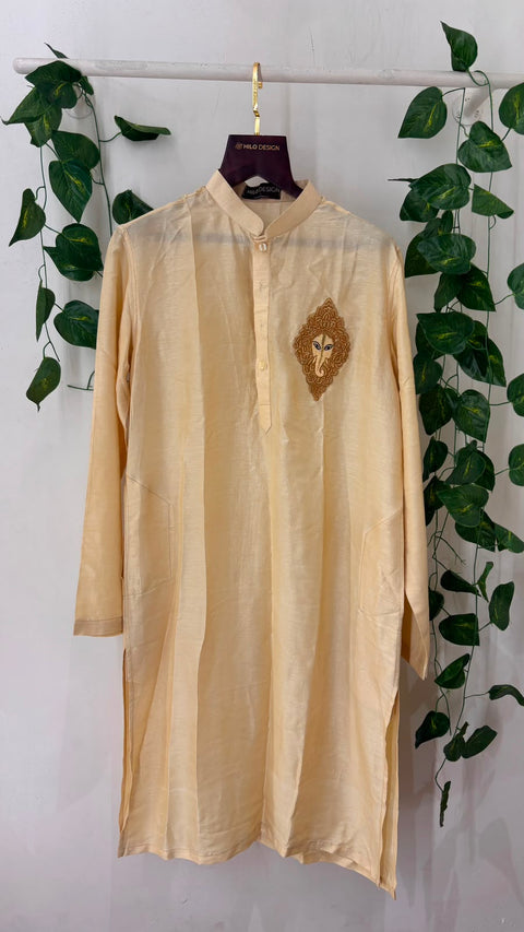 Gaja — Off White Ganesha Thread Embroidered Falling Raw Silk Kurta