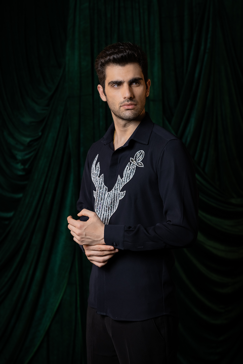 Regalia — Midnight Blue Hand Embroidered 4-Way Stretch Shirt