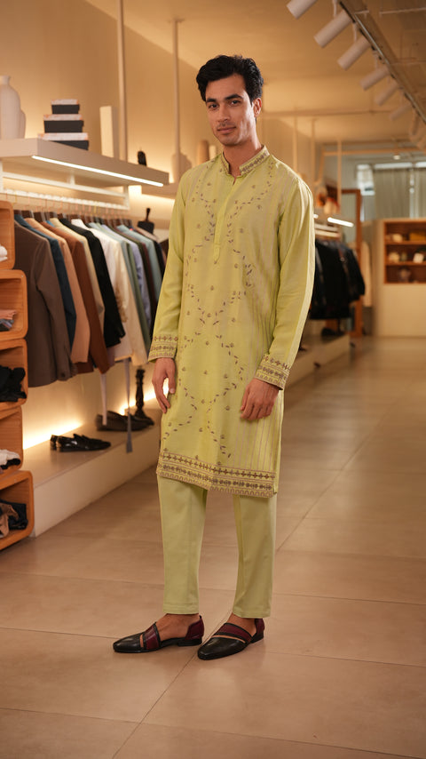 Omara — Lime Green Hand Embroidered Falling Raw Silk Kurta