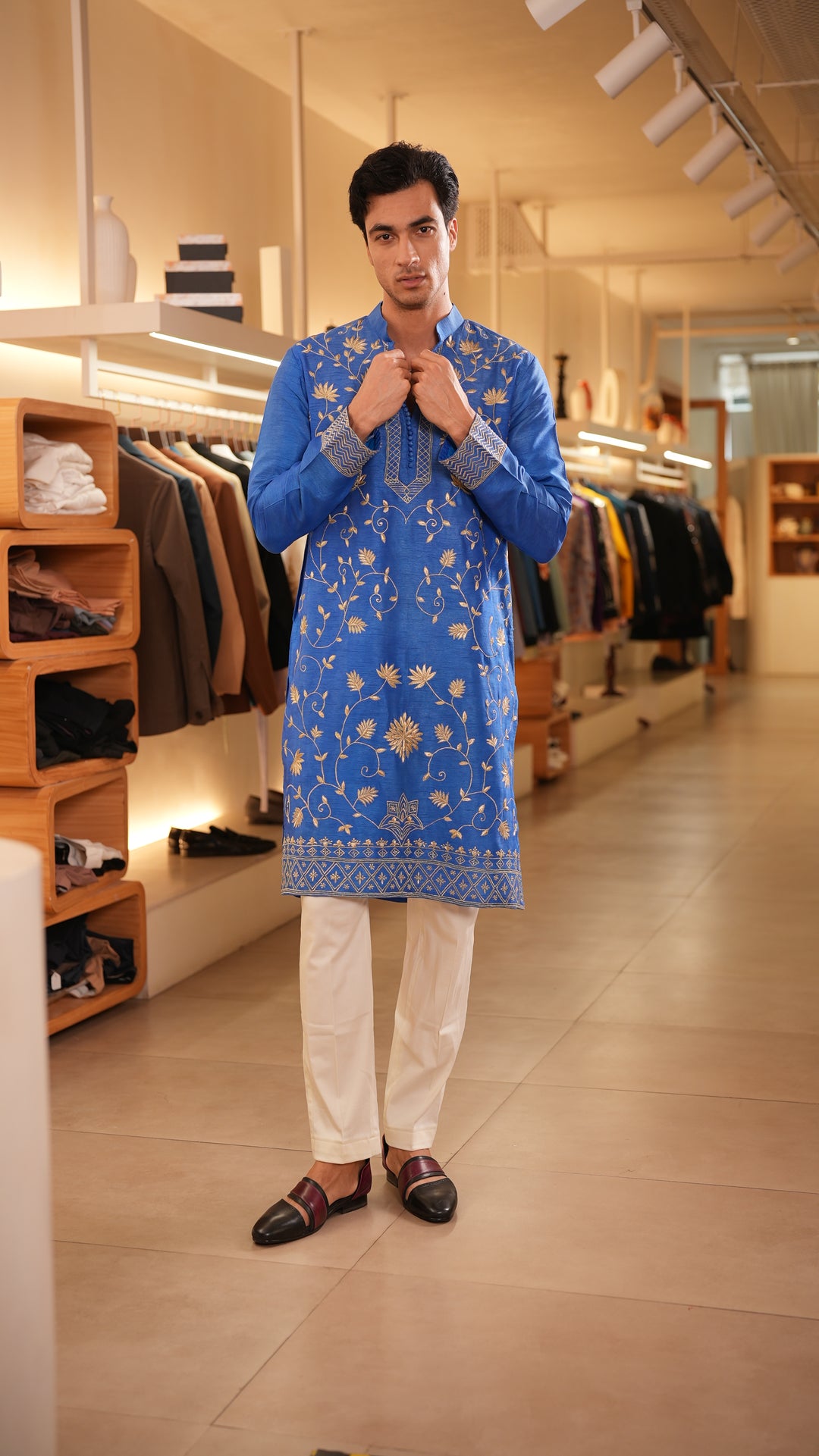 Pallav — Royal Blue Hand Embroidered Falling Raw Silk Kurta