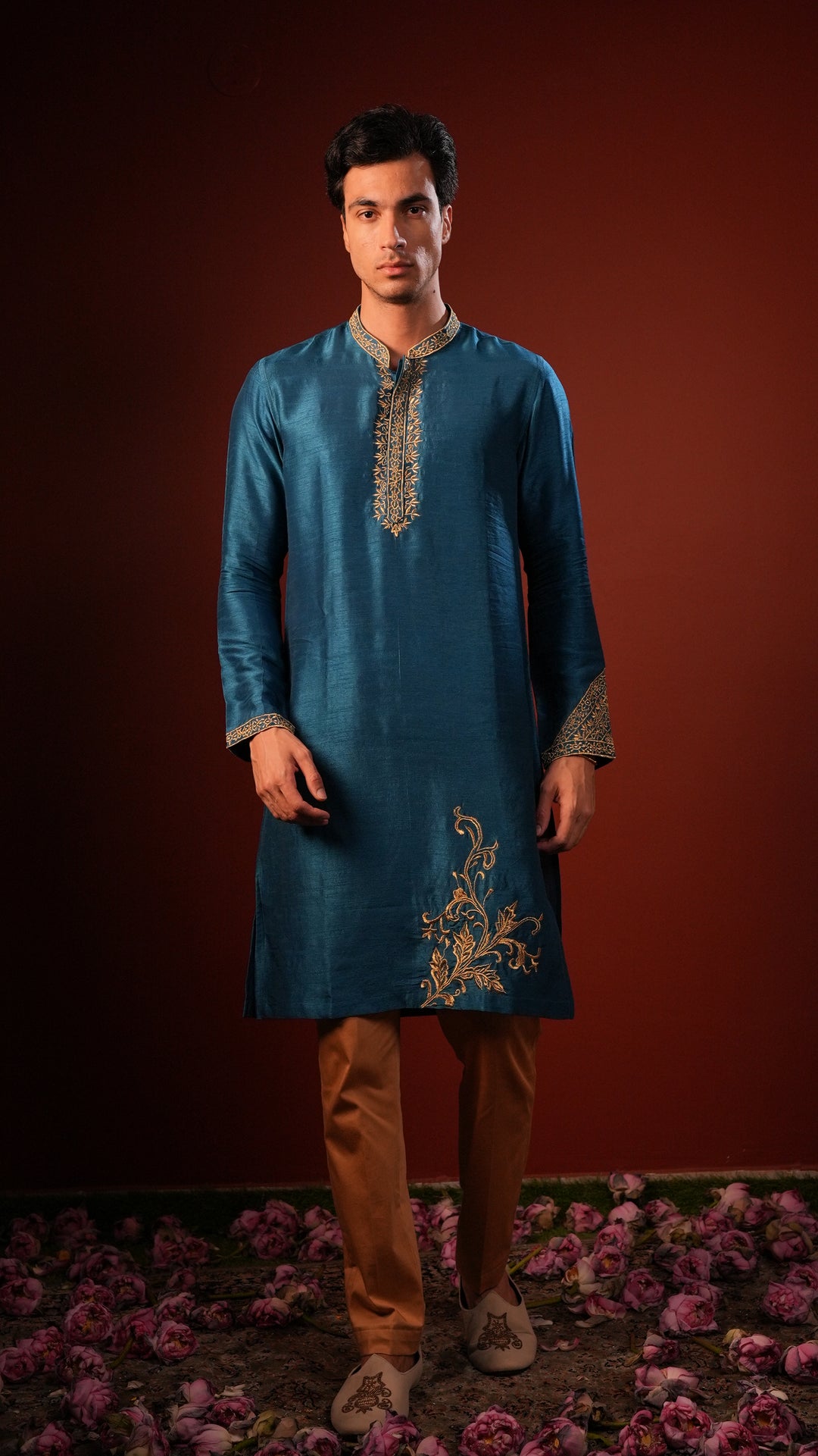 Manjari — Teal Blue Hand Embroidered Falling Raw Silk Kurta