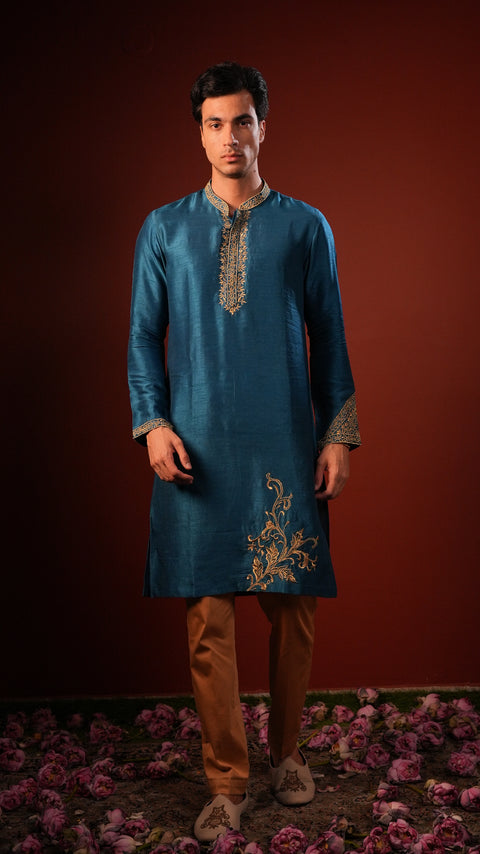 Manjari — Teal Blue Hand Embroidered Falling Raw Silk Kurta