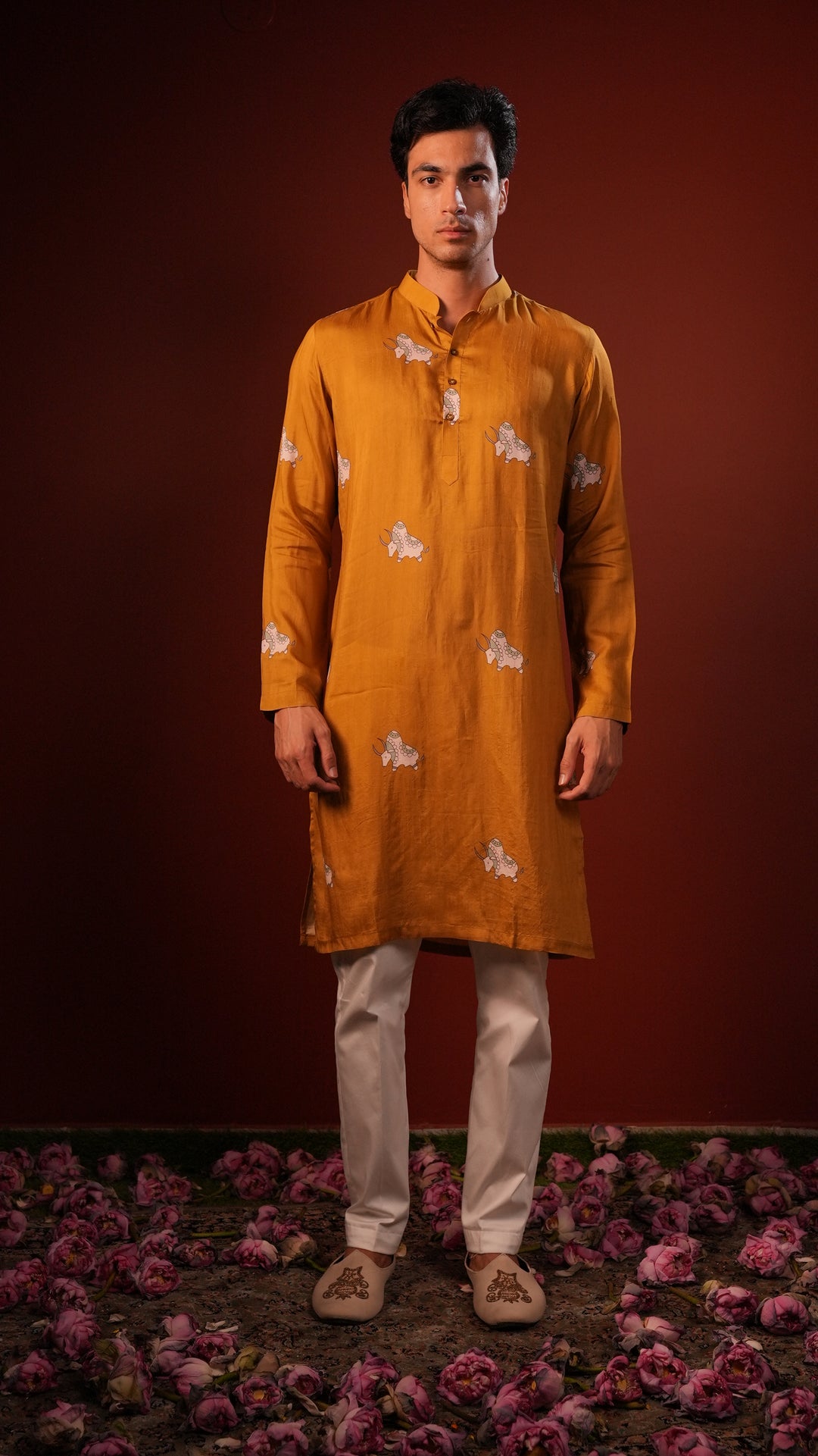 Eshaan — Mustard Printed Falling Raw Silk Kurta