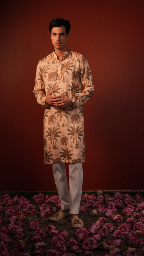 Kadali — Cream Printed Falling Raw Silk Kurta