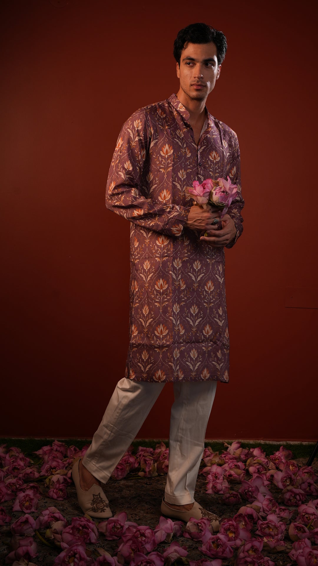 Amaya — Dusty Mauve Printed Falling Raw Silk Kurta